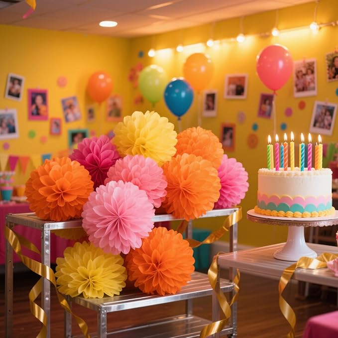 We Moment Pink Orange Yellow Paper Pom Poms for Party Decoration Boho Party Ceiling Wall Hanging Tissue Flowers Decorations 12pcs 3 Colors