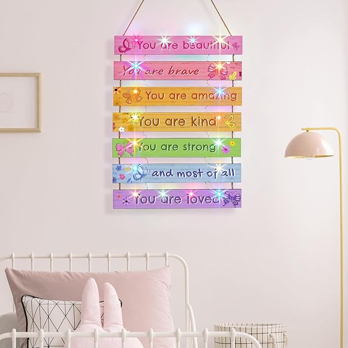 FIOBEE Girls Room Décor for Teen Girls Boys with LED Light Wall Decor for Bedroom Motivational Inspirational Wall Art Room Decoration for Kids Studyroom, 8 Kinds of Lights, Colorful Butterfly