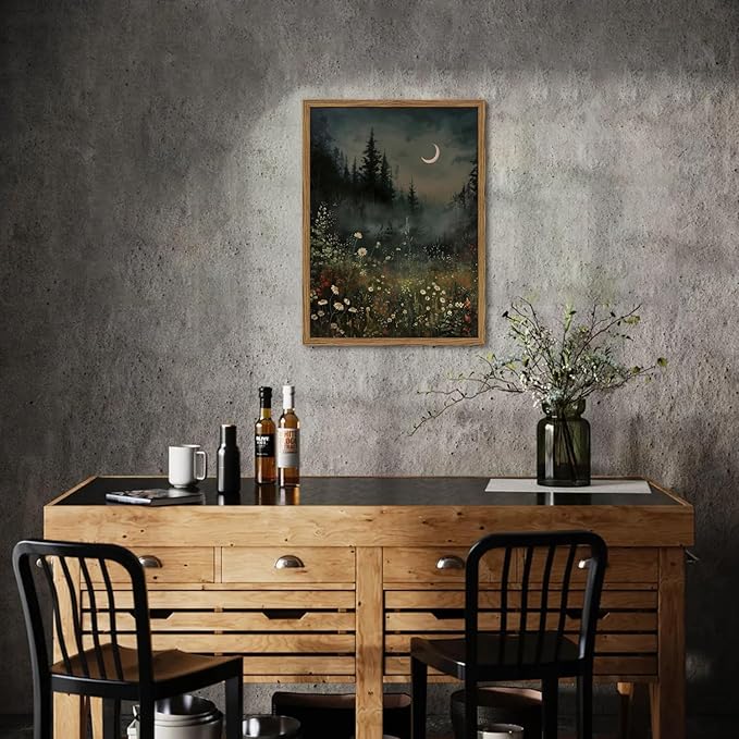 Vintage Moonlit Forest Wall Art Crescent Moon Forest Wildflower Gothic Canvas Prints Landscape Aesthetic Pictures Wall Decor for Living Room Bedroom Offices 12x16 inch Framed