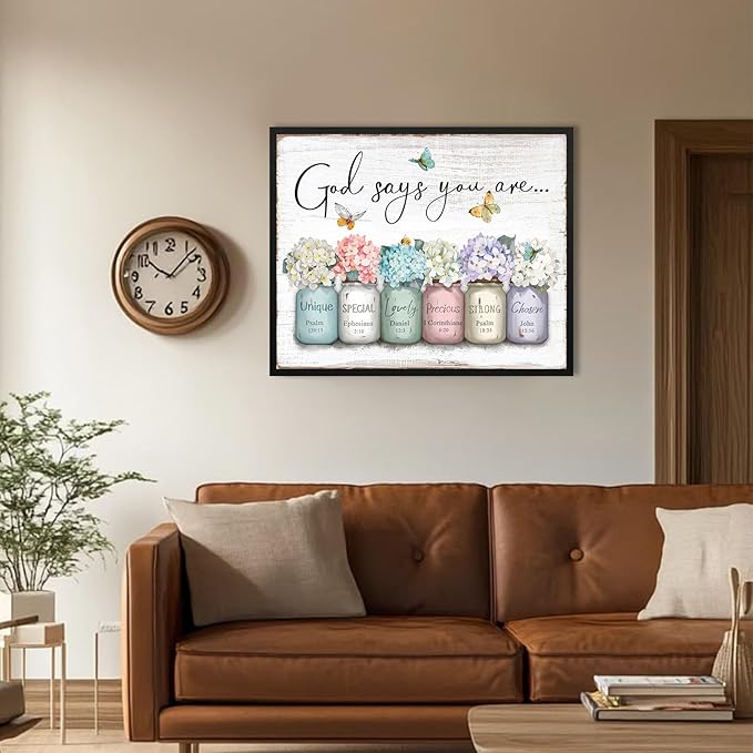Inspirational Bible Verse Wall Art: God Says You Are Wall Decor Framed Christian Painting 24" x 30",Hydrangea Flower in Mason Jar Prints Hanging Posters Religious Bedroom Decor for Women Girls