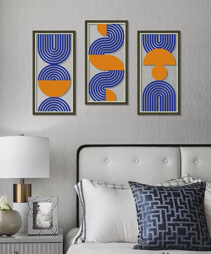 Putuo Decor Modern Minimalist Wall Decor Set of 3, Blue Orange MDF Cut-Out Geometric Line Panels, Abstract Vertical Art for Living Room Bedroom Office Wall Art