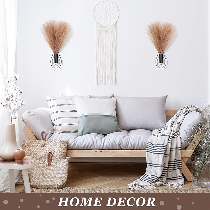 2 Pieces Hanging Plant Wall Decor with Artificial Pampas Grass Metal Hanging Vase Modern Geometric Farmhouse Bohemian Wall Art for Living Room Bedroom Kitchen Office (Black, Light Brown)