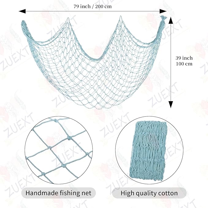 ZUEXT Fish Netting Decoration Light Blue 80x40 Inch, 2 Pack Large Picture Fish Net,Wall Photo Hanging Fishnet for Nautical Mermaid Pirate Ocean Theme Hawaii Beach Under The Sea Party Decoration
