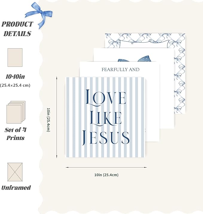 LARTSFRO Coquette Navy Blue Bow Jesus Wall Art Decor Posters, Blue Bow Christian Room Bedroom Bathroom Wall Art Decor Aesthetic for Teen Girls College Gifts, Inspirational Bible Verses Bow Wall Decor, 10x10 Inch Set of 4 Bow Pictures(UNFRAMED)