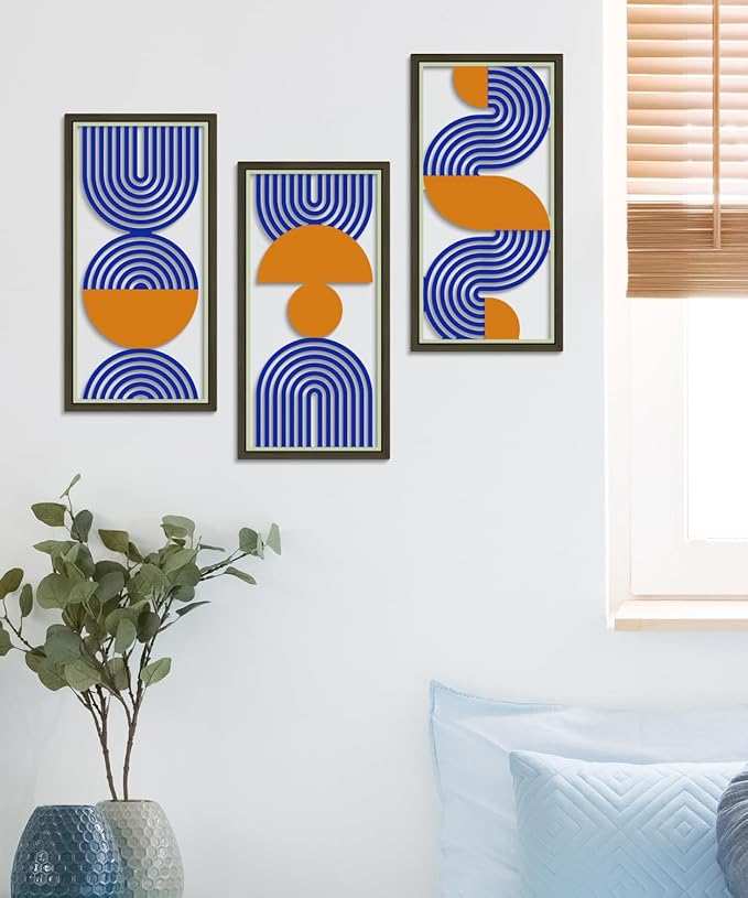 Putuo Decor Modern Minimalist Wall Decor Set of 3, Blue Orange MDF Cut-Out Geometric Line Panels, Abstract Vertical Art for Living Room Bedroom Office Wall Art