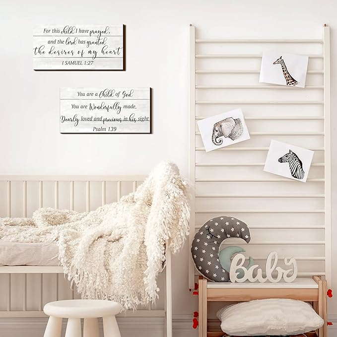Yookeer 2 Pcs Wood Nursery Wall Decor for Girls Boys Baby Girl Room Decor Nursery Christian Wall Art This Child I Have Prayed Bible Quote Hanging Sign for Kids Home 12 x 6 Inch(Retro)