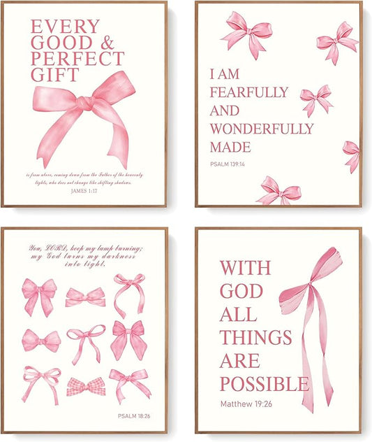 LARTSFRO Coquette Pink Bow Christian Wall Art Decor Posters, Pink Bow Room Bedroom Bathroom Dorm Wall Art Decor Aesthetic for College Teen Girls Gifts, Inspirational Bible Verses Bow Wall Decor, 12x16 Inch Set of 4 Pcs Bow Pictures (UNFRAMED)