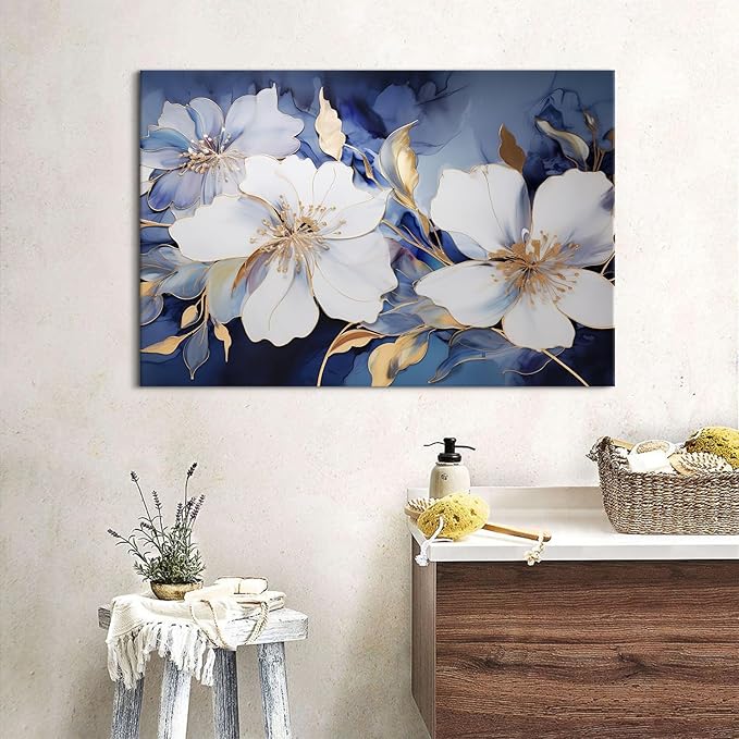 Abstract Flower Canvas Wall Art Blue and Gold Wall Decor Modern Marble Floral Picture Canvas Prints for Living Room Bedroom Watercolor Botanical Poster Painting Artwork Framed Home Decorations 16x24