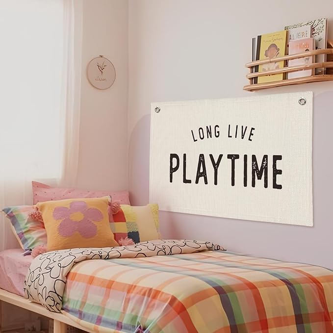 Long Live Playtime Linen Banner Wall Hanging Canvas Flag Decor for Toddler Boy Kids Room Nursery Playroom