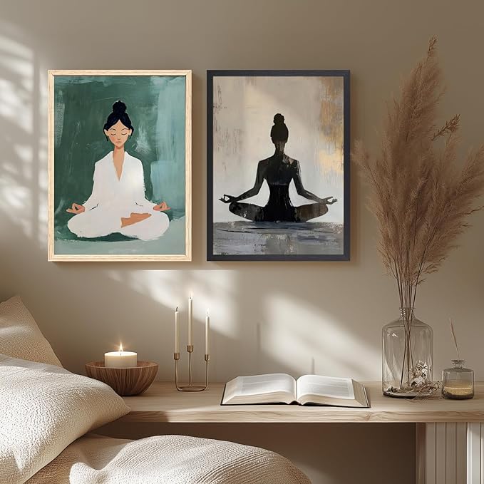 GELDSTEI Wood Framed Zen Wall Art, Tranquil Meditation Wall Decor, Yoga Girl Canvas Painting, Spiritual Aesthetic Picture, Calming Mindfulness Poster Print for Living Room Spa Yoga Studio 12x16 Inch