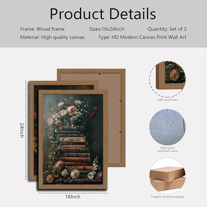 2Pcs Framed Vintage Dark floral wall art Moody Flowers Books elegant stacks of books and blooming flowers canvas paintings home decor art suitable for living room, bedroom and office16X24In