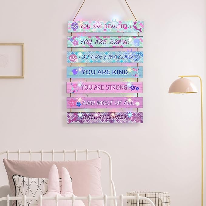 FIOBEE Girls Room Décor for Teen Girls Boys with LED Light Wall Decor for Bedroom Motivational Inspirational Wall Art Room Decoration for Kids Studyroom, 8 Kinds of Lights, Pink Green Mermaid