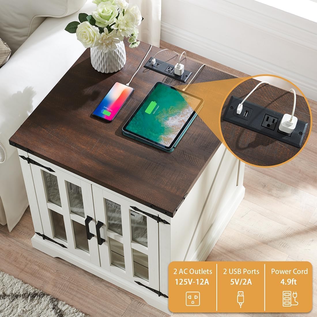 Farmhouse End Table with Charging Station,24" Large Side Table with Glass Barn Door, Rustic Wood Nightstand Bedside Table with Adjustable Storage Shelf for Living Room, Bedroom,White,2 Pack