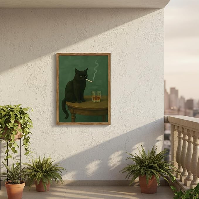 Funny Black Cat Wall Art Framed Vintage Moody Cat Canvas Prints Wall Decor Whimsical Cool Animal Paintings Pictures for Living Room Bedroom Bathroom Bar 8x10in