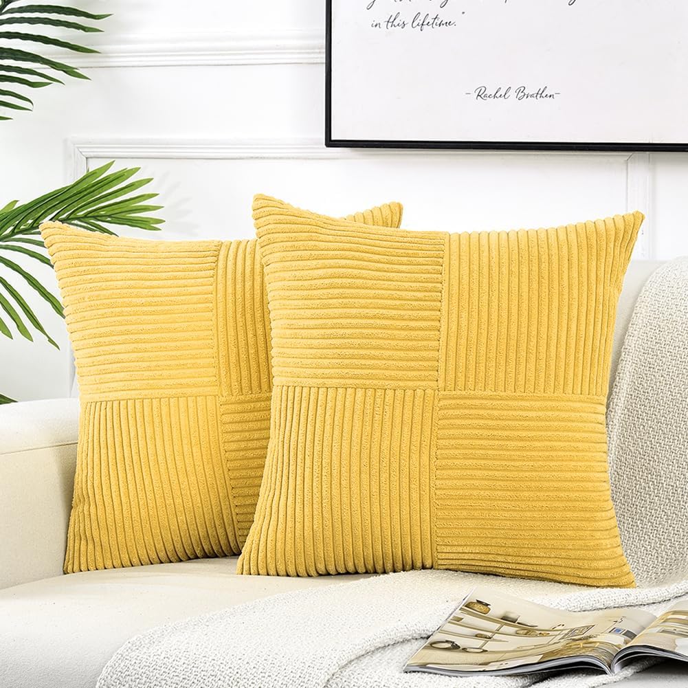 Fancy Homi 2 Packs Yellow Euro Decorative Throw Pillow Covers 26x26 Inch for Couch Bed Sofa, Rustic Farmhouse Boho Home Decor, Soft Corss Corduroy Patchwork Textured Square Cushion Case 66x66 cm