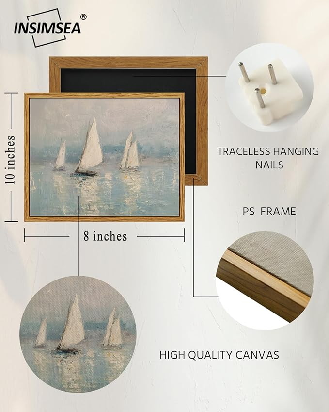 InSimSea Framed Canvas Wall Art, Vintage Sailboats Art for Living Room Hallway Shelf, 10x8in,Impressionist Coastal landscape Watercolor Painting, Rustic Cozy Mid Century Small Seaside Nature Decor