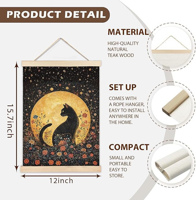 LZYRF Witchy Black Cat Full Moon Wall Art Poster Framed, Dark Cottagecore Decor, Whimsical Mystical Black Cat Floral Canvas Prints Wall Decor for Home Bedroom Living Room, 12x16 Inch