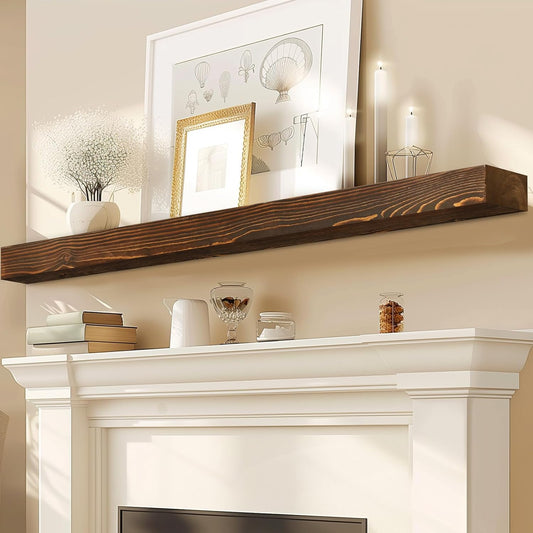 72x8x3 Fireplace Mantel - Solid Rustic Wood - Wall Mounted Floating Shelf with Invisible Heavy Duty Steel Bracket (Weathered Brown)