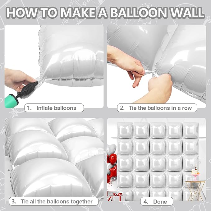 NISOCY 25PCS White Square Foil Balloons Wall Backdrop Double Sided White Balloons Tunnel Arch Kit for Birthday Wedding Baby Shower Party Decoration