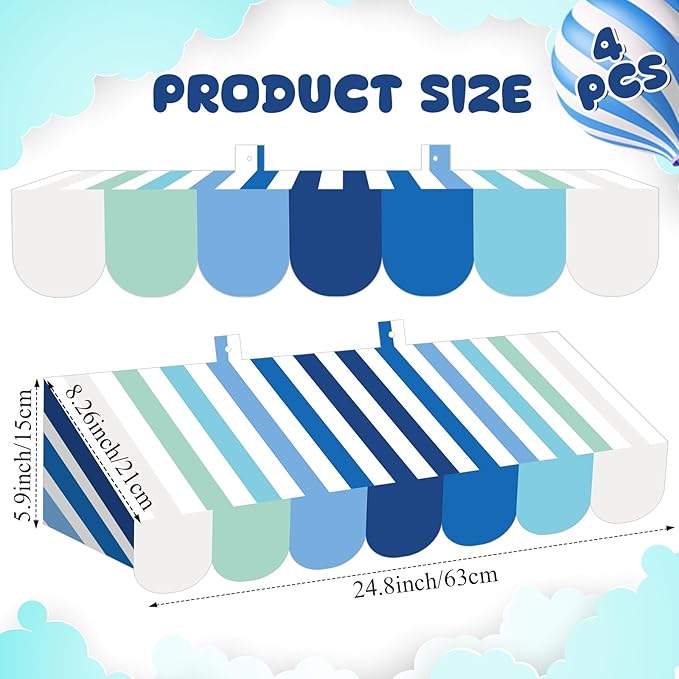 Tallew 4 Pcs 3D Circus Awning Wall Decoration Carnival Awning for Halloween Carnival Theme Party Classroom Decorations(Blue and White)