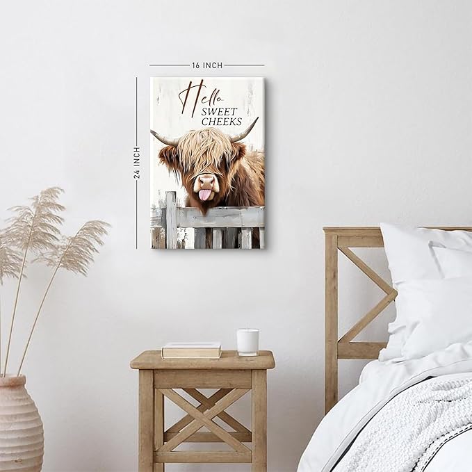 Highland Cow Canvas Wall Art Hello Sweet Cheeks Bathroom Decor Funny Cute Cow Picture Prints Poster Farmhouse Longhorn Wall Decor Rustic Wild Animals Paintings Country Home Decorations 16x24"