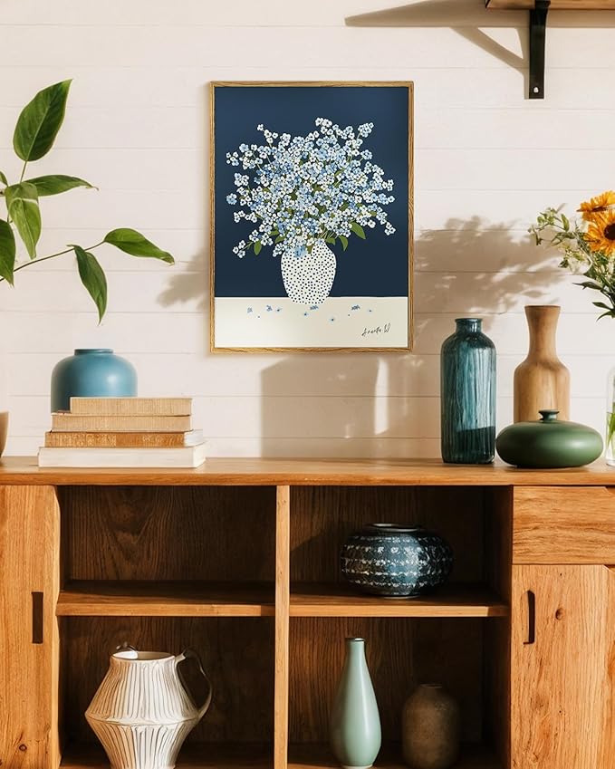 Vintage Framed Floral Wall Art 12x16, Blue White Baby’s Breath Flower in Polka Dot Vase Print, Minimalist Modern Nordic Botanical Canvas Artwork, Entryway Bedroom Kitchen Office Decor