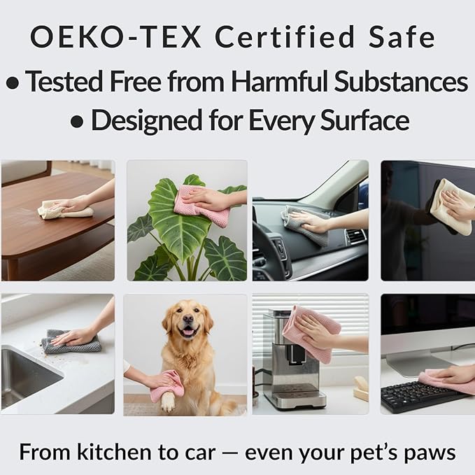 Oeko-Tex Certified Microfiber Cleaning Cloths – Non-Toxic, Safe for Family & Pets – 6 Pack Kitchen Rags for Counter – 12x12 in, Lint-Free, Absorbent Dish Towels, Dusting Cloths
