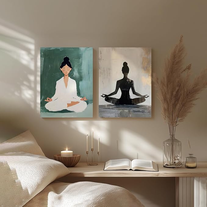 GELDSTEI Framed Zen Wall Art, Modern Yoga Girl Canvas Painting, Tranquil Meditation Wall Decor, Spiritual Aesthetic Picture, Calming Mindfulness Poster Prints for Living Room Spa Yoga Studio 12x16 Inch