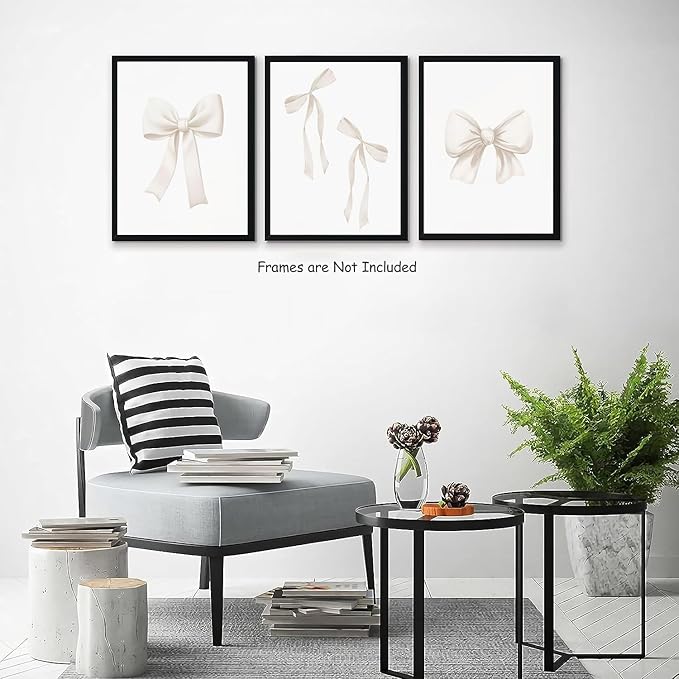 Djmwtb Preppy Bow Canvas Wall Art Beige Coquette Poster Prints Set of 3 Girly Apartment Aesthetic Pictures College Dorm Painting Decor for Girls Bedroom 12x16in Unframed