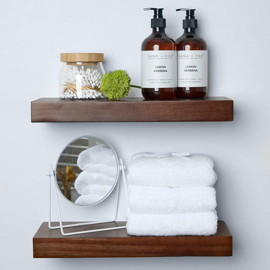 Homeforia Walnut Floating Bathroom Shelves, High End Solid Real Wood 16 inch Small Floating Shelf for Wall Mounted, Dark Brown 16inch Floating Shelves, Heavy Duty Bracket, 16 X 6.5 X 1.75 in, Set of 4