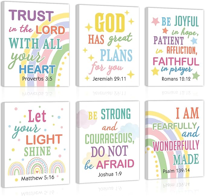 CHDITB Bible Verse Framed Canvas Wall Art, Scripture Typography Artwork, Rainbow Christian Wall Decor, Inspirational Bible Quote Poster, Boho Faith Art Prints For Kids Room Nursery Decor 8”X10”X6
