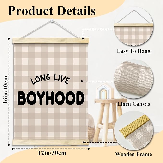 Long Live Boyhood Posters Hanger Frame for Boys Room Checkered Hanging Poster for Bedroom Kids Room Classroom Decor Wall Art Decor for Nursery Playroom Canvas Wall Art Print 16x12 Inches - YY042