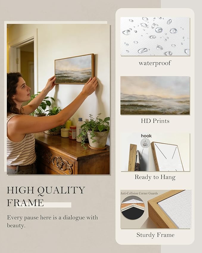 SHENIFY Vintage Framed Wall Art Rustic Foggy Mountain Landscape Scenery Home Decor Retro Wilderness Decorations for Farmhouse Bedroom Ready to Hang Wall Artwork - 8x16in Natural Framed