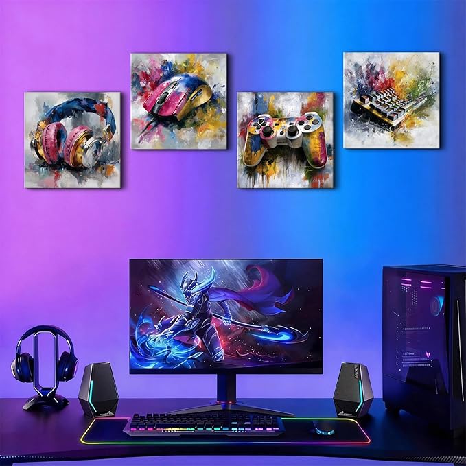 Gamer Canvas Wall Art Boys Gaming Wall Decor Colorful Abstract Gamer Decor for Teens Boy Bedroom Games Zone Theme Pictures Canvas Prints Cool Posters Video Game Painting Artwork Decorations 16x16”