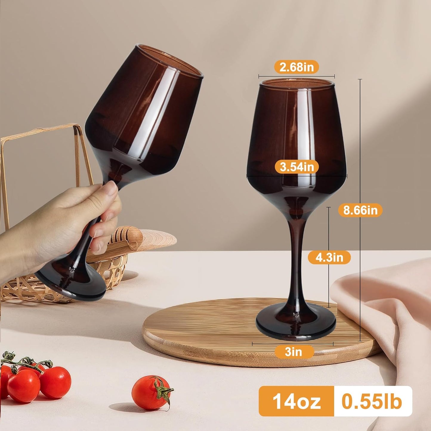 Brown Wine Glasses Set of 6-14oz Long Stem Wine Glass, Pretty Crystal Glassware, Hand Blown Goblets Drinkware, Unique Stemware Wine Glass Holiday Gift Set