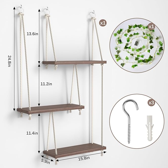 Hanging Shelves for Wall with Vine Lights, 3 Tier Rope Wall Hanging Plant Shelf, Boho Wall Decor Aesthetic for Succulents, Bedroom, Living Room, Bathroom (Rustic Brown)