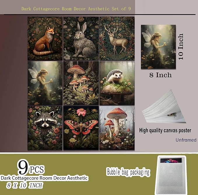 Dark Cottagecore Room Decor Aesthetic, Cottagecore Core Wall Decor, Forest Botanical Wall Art Canvas Prints, Fairycore Decor, Nature Mushroom Posters Vintage Animal Pictures for Bedroom, UNFRAMED