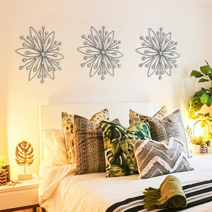 ZEXUIRU 3 Pack Black Sunburst Wall Decor – Metal Crystal Wall Art with Sparkling Rhinestones, 14’’/18 Inch Starburst Wall Hanging Set for Living Room Bedroom Bathroom – Modern Bling Home Decorations