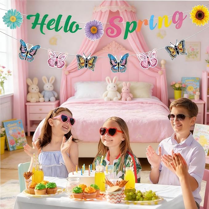 Hello Spring Banner and Butterfly Garland Set Spring Classroom Decor, Garlands for Mantle & Home Decor, Colorful Floral Butterfly Spring Banner for Party, Classroom, Mantel, Wall & Porch Decor