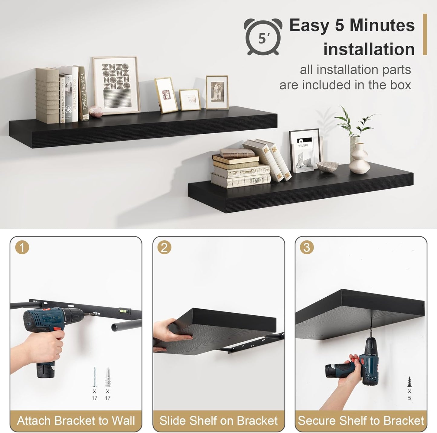 12" Deep Black Floating Shelves,Over Toilet Long Wall Mounted Modern Farmhouse 36 inches,Wall Shelves with Invisible Brackets for Bedroom, Bathroom, Living Room, Kitchen, Set of 1