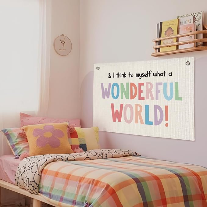 Kids Room Decor, Positive Affirmation Linen Canvas Banner, It's a Wonderful World Quote Wall Hanging Decor for Boys Girls Bedroom Nursery Playroom 20x30