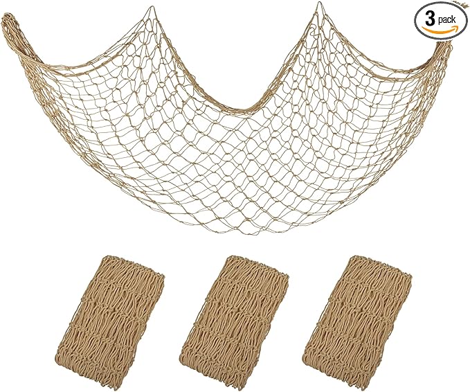 Decorative Fishing Net 3 Pack, 5x10 ft Large Caramel Fish Net Decor for Wall, Photo Display, Nautical Mermaid Pirate Ocean Themed Beach Hawaii Under The Sea Party Decorations