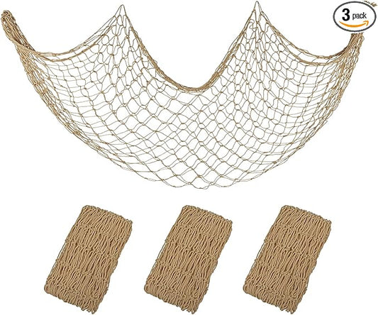 Decorative Fishing Net 3 Pack, 5x10 ft Large Caramel Fish Net Decor for Wall, Photo Display, Nautical Mermaid Pirate Ocean Themed Beach Hawaii Under The Sea Party Decorations
