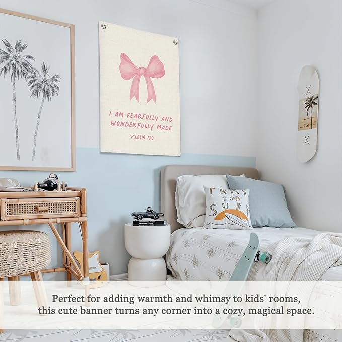 Bible Verses Wall Decor,Pink Coquette Bow Linen Canvas Banner,Christian Wall Art I Am Fearfully And Wonderfully Made Wall Hanging Flag for Kids Girl Bedroom Living Room Dorm 18x25 Inch