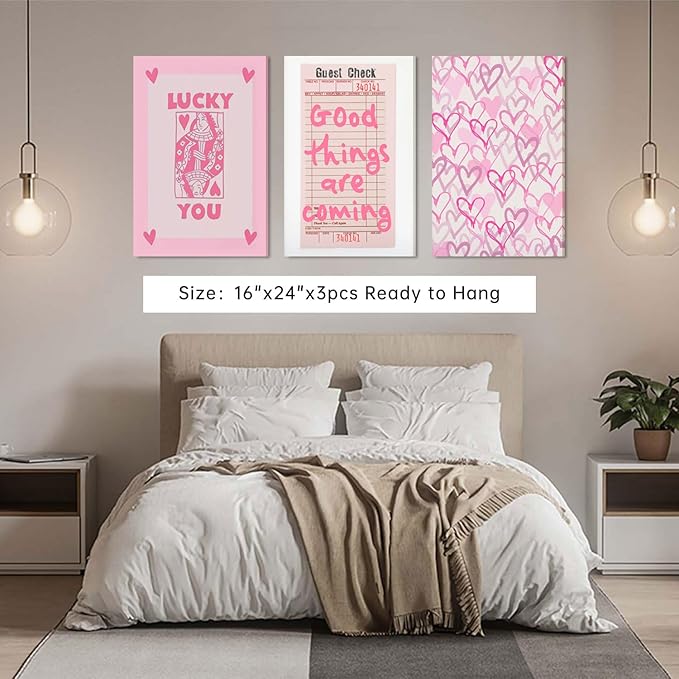 Djmwtb Trendy Preppy Canvas Wall Art Framed 3 Pcs Pink Lucky You Poster Prints Queen of Hearts Poker Aesthetic Pictures Retro Guest Check Decor Painting for Living Room Bedroom Bathroom 16"x24"x3