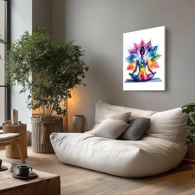 GELDSTEI Framed Zen Wall Art, Chakra Yoga Wall Decor, Colorful Meditation Poster Print, Spiritual Canvas Painting, Vibrant Meditating Woman Aesthetic Picture for Living Room Yoga Studio 16x24 Inch