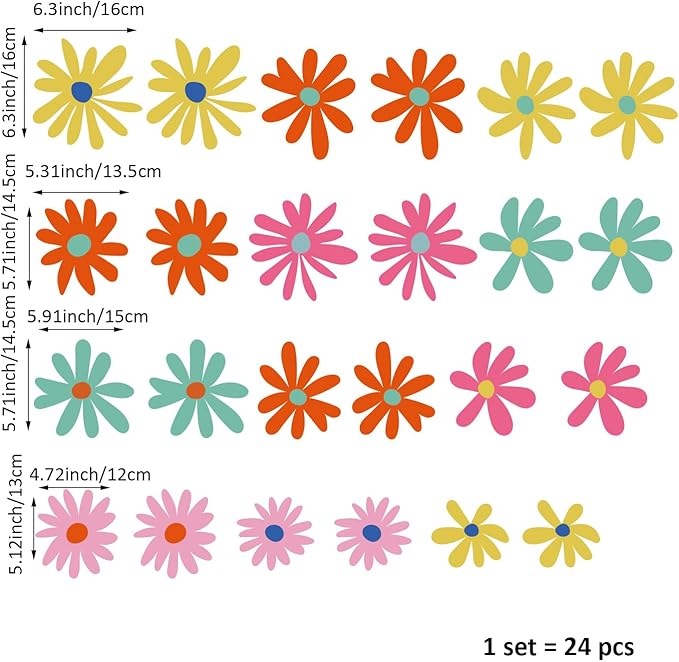 24 PCS Flower Wall Decals Peel and Stick, Daisy Wall Decor for Girls Bedroom, Colorful Daisy