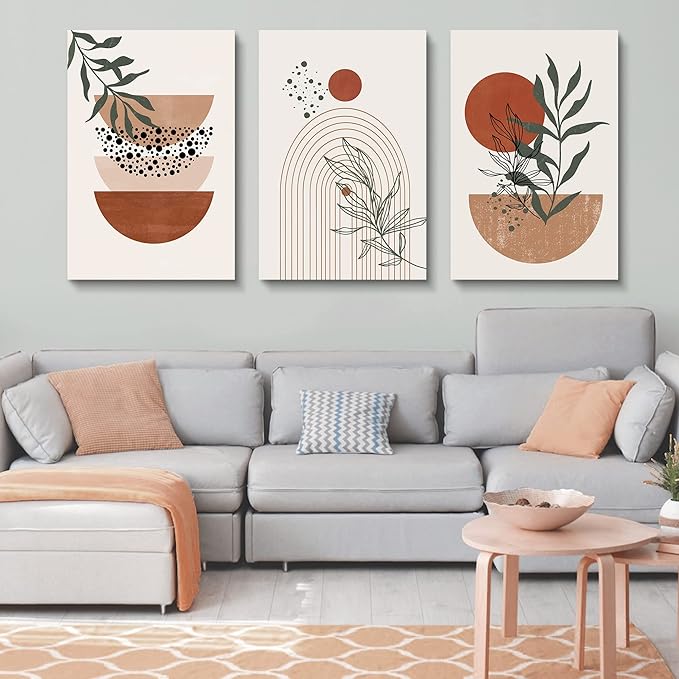 Boho Wall Art Prints，Boho Wall Decor, Mid Century Modern Wall Art，Set of 3 Prints, Abstract Geometric Prints Black Beige Terracotta Minimalist Art, Natural Framed Canvas Prints Artwork For Living Room