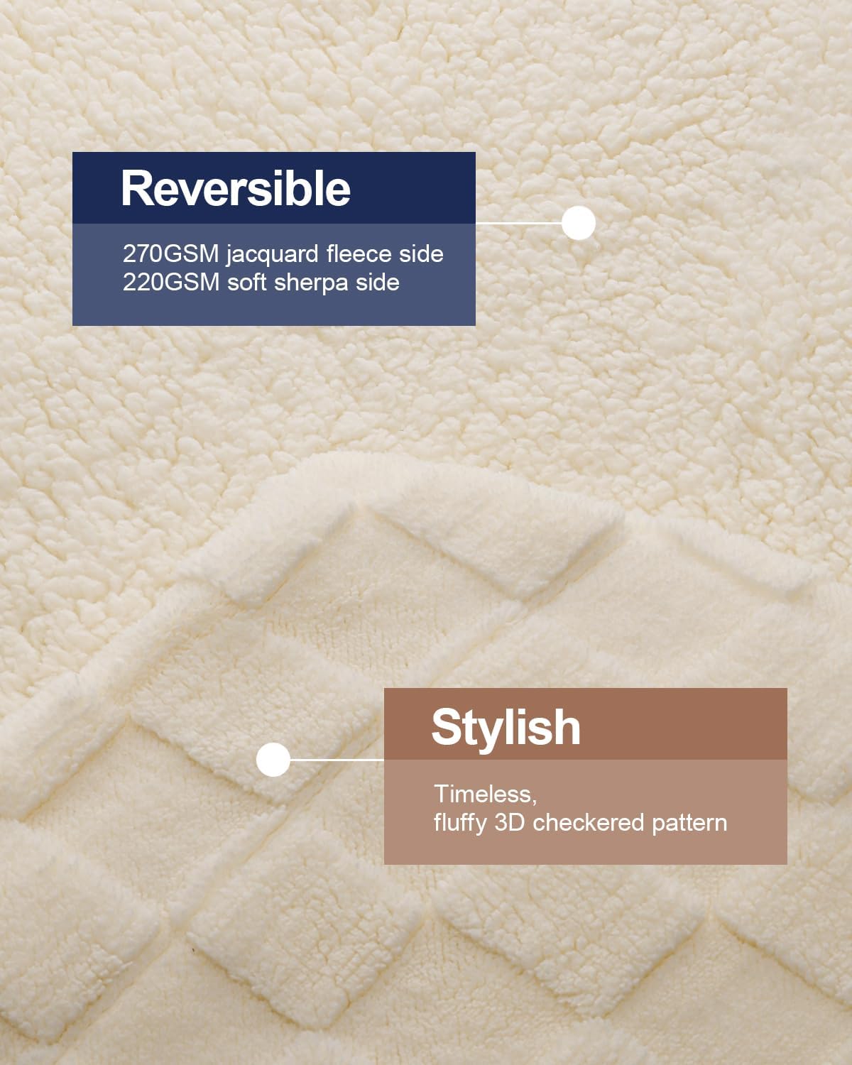 Pawque Super Soft Cozy Throw Blanket Twin Size for Couch Bed, Fluffy Sherpa Fleece Reversible Thick Warm Fuzzy Blanket for All-Season, 3D Checkered Jacquard Decorative Blanket, Cream White, 60" x 80"