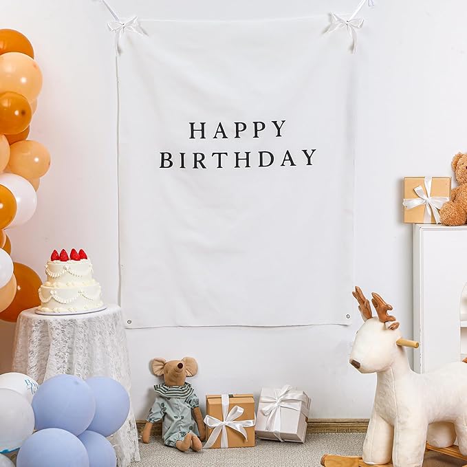 Oudain 29×39 Inch Happy Birthday Burlap Banner, Fabric Party Decorations Backdrop, Boho Rustic Photo Props Sign with Hanging String for Birthday Party Indoor Outdoor Yard Wall Decor